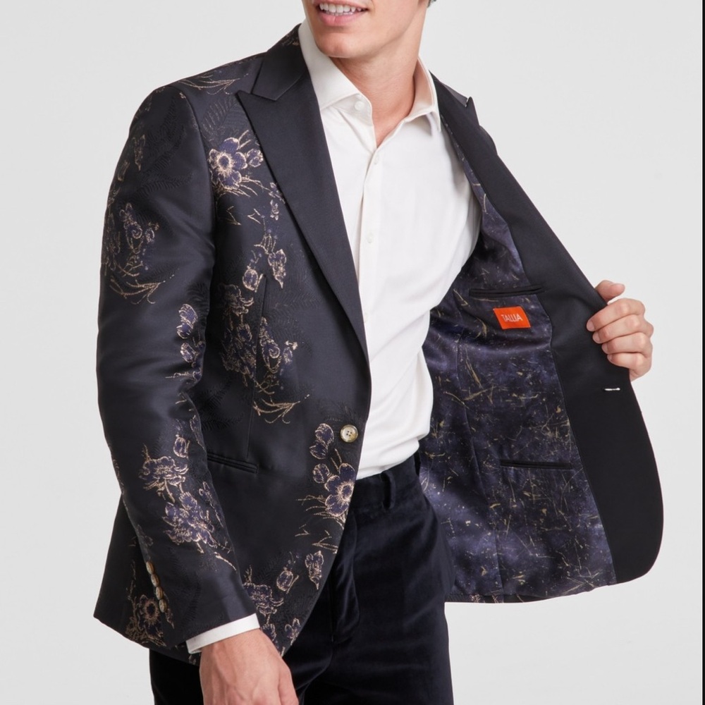 ๐SOLD๐ TALLIA Men's Slim-Fit Floral Jacquard Sport Coat - Black Gold Sz 42R - Picture 4 of 4